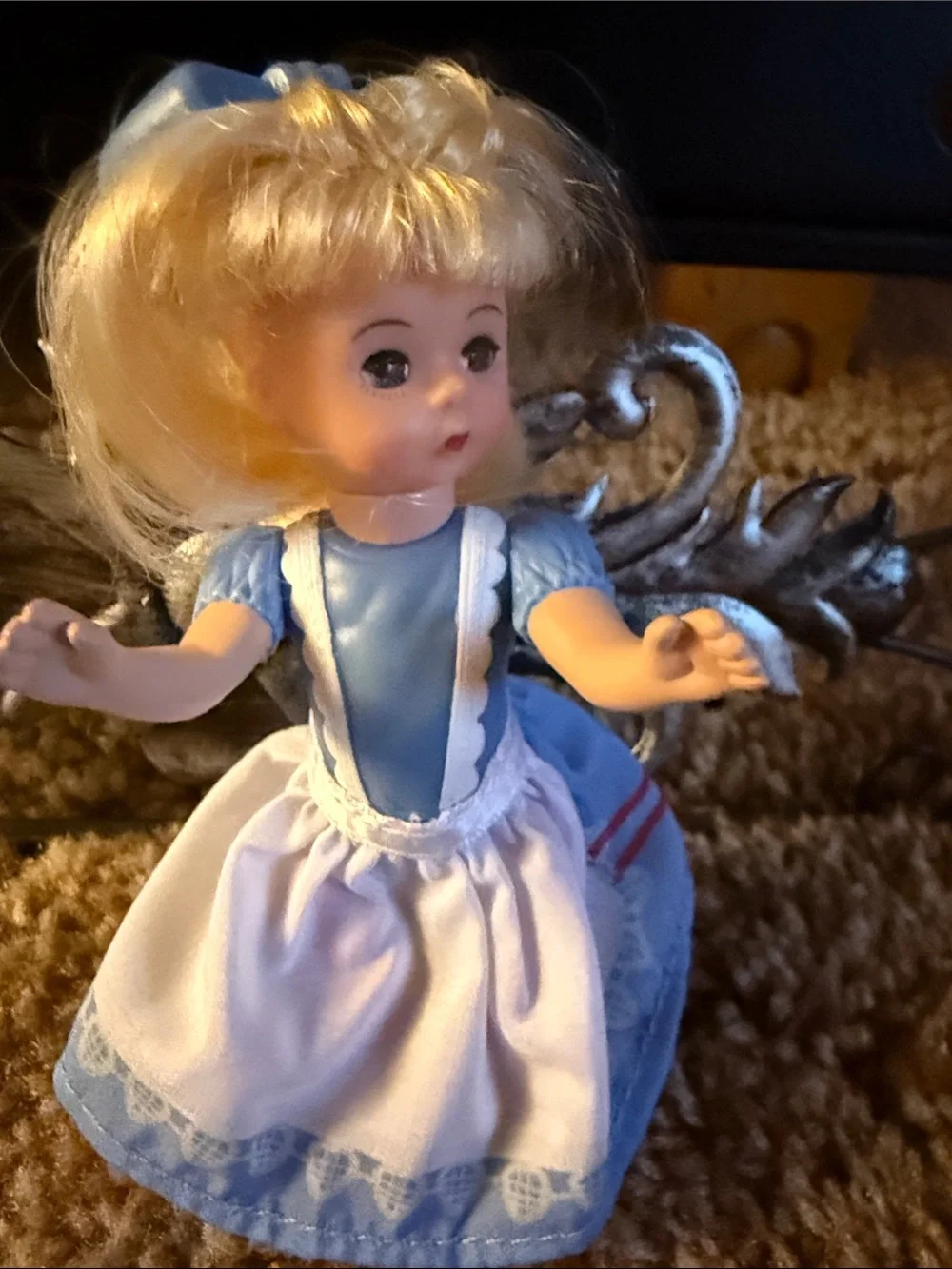 Blonde Girl Play Doll in Blue and White Dress by